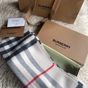 Burberry Check Cashmere Scarf (color in “stone”)